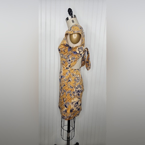 Anthropologie Tie-Back Utility Mini Dress Gold Floral Size 10 - Picture 7 of 13